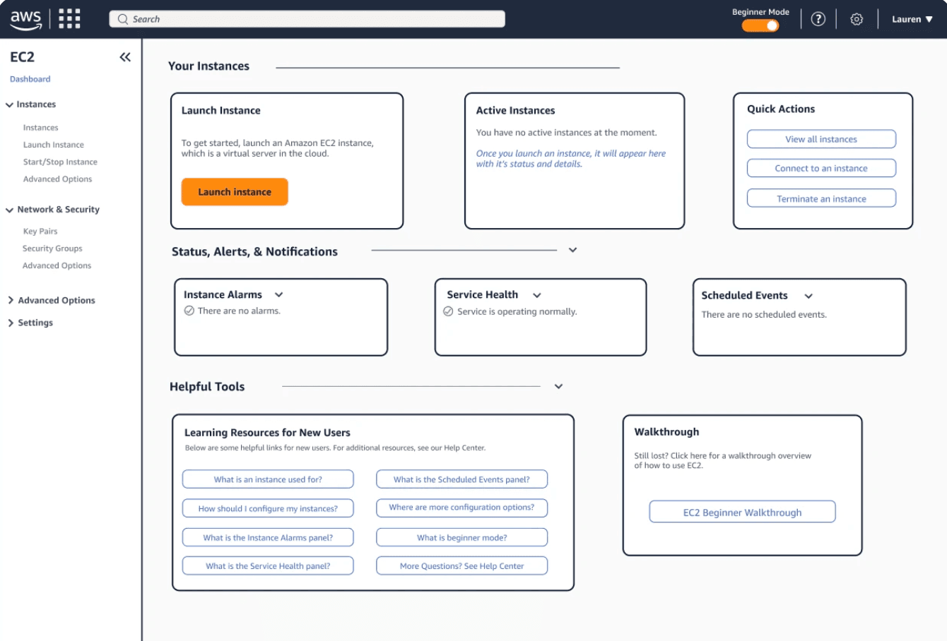 Early high-fidelity AWS Beginner Mode dashboard exploration
