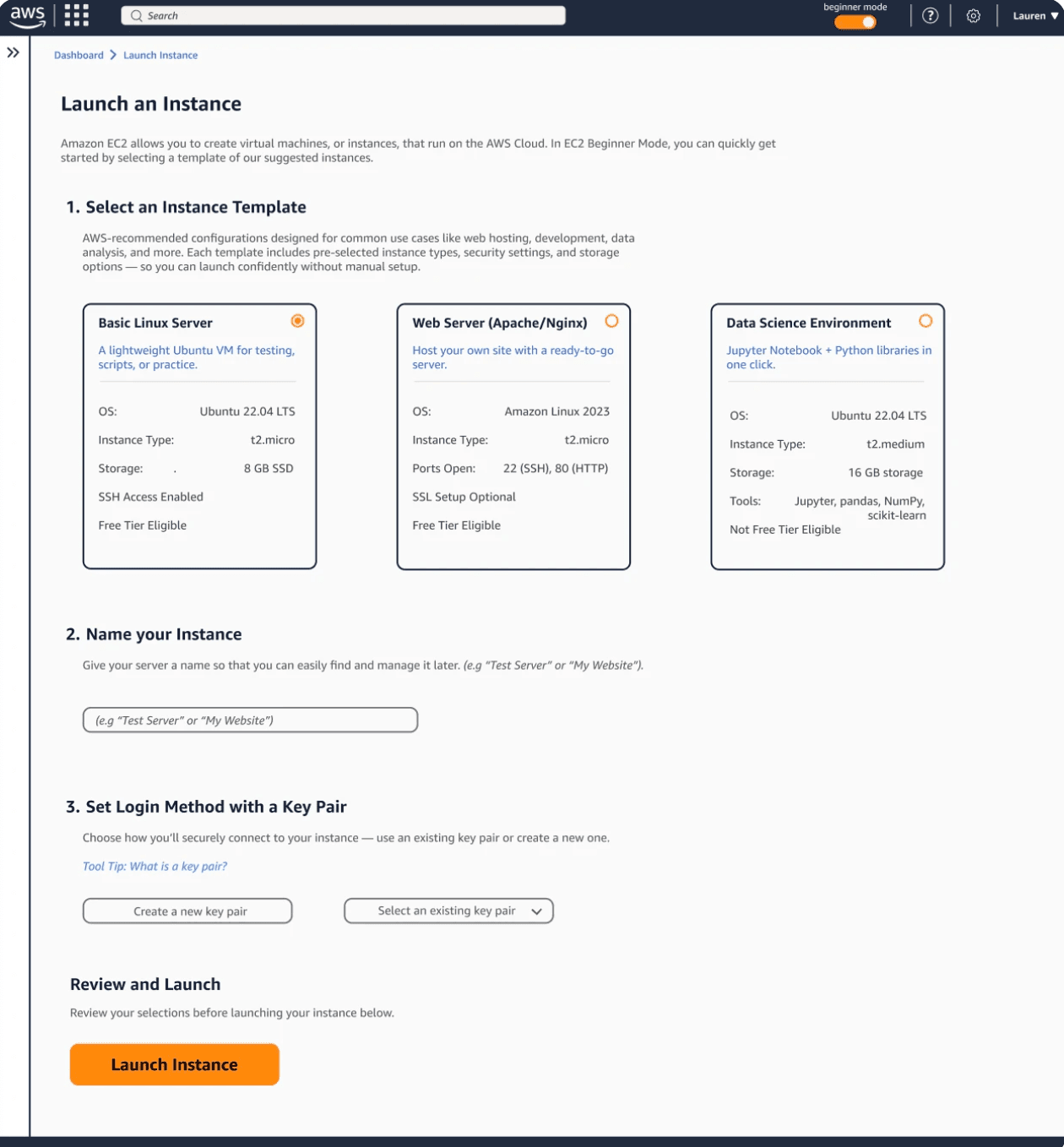 Early high-fidelity AWS Beginner Mode Launch Instance exploration