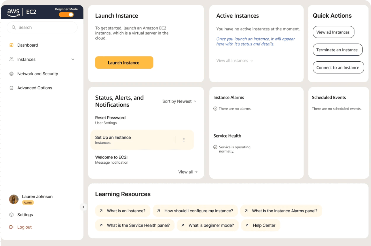 AWS Beginner Mode finalized dashboard concept