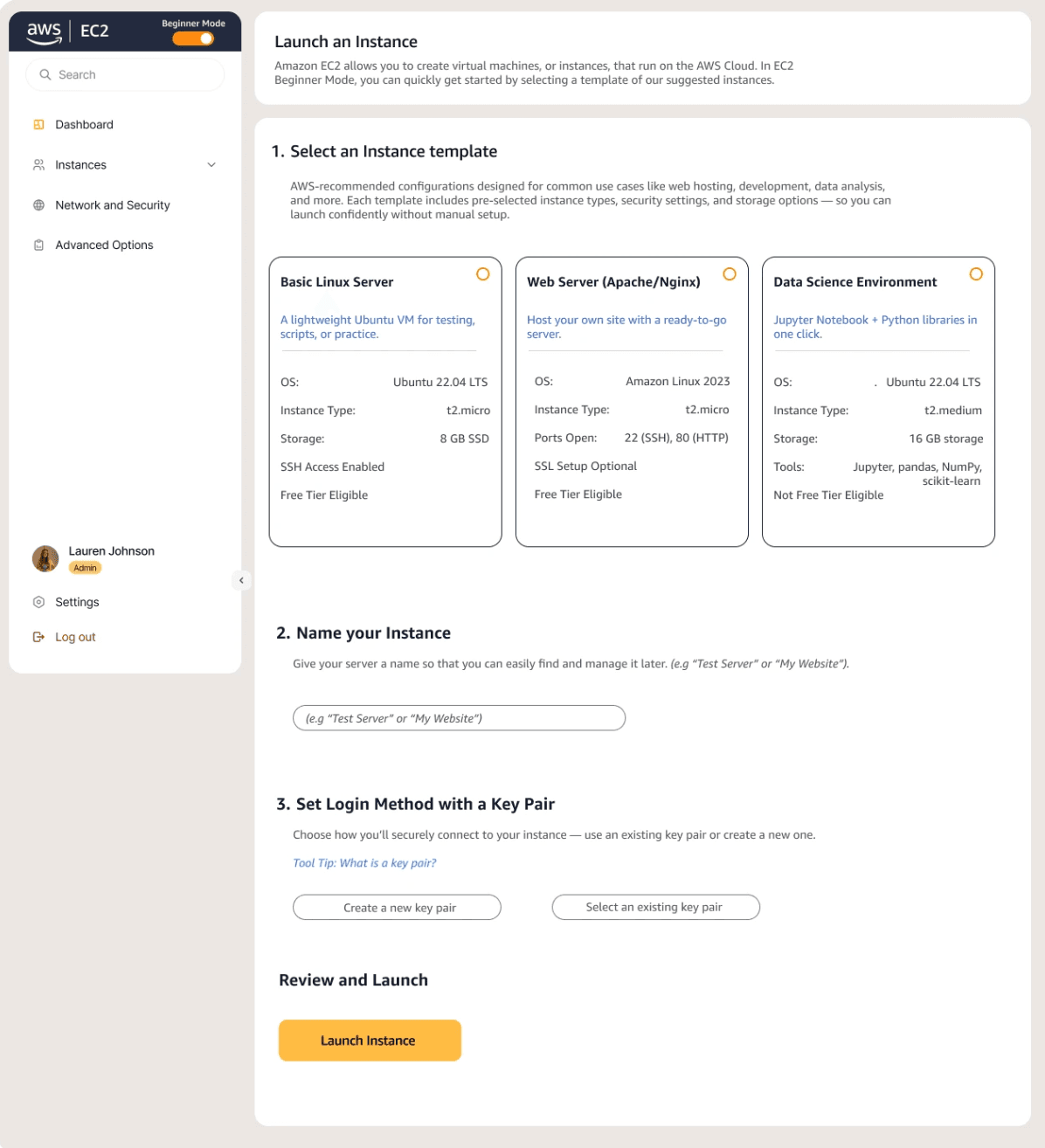 AWS Beginner Mode finalized Launch Instance concept