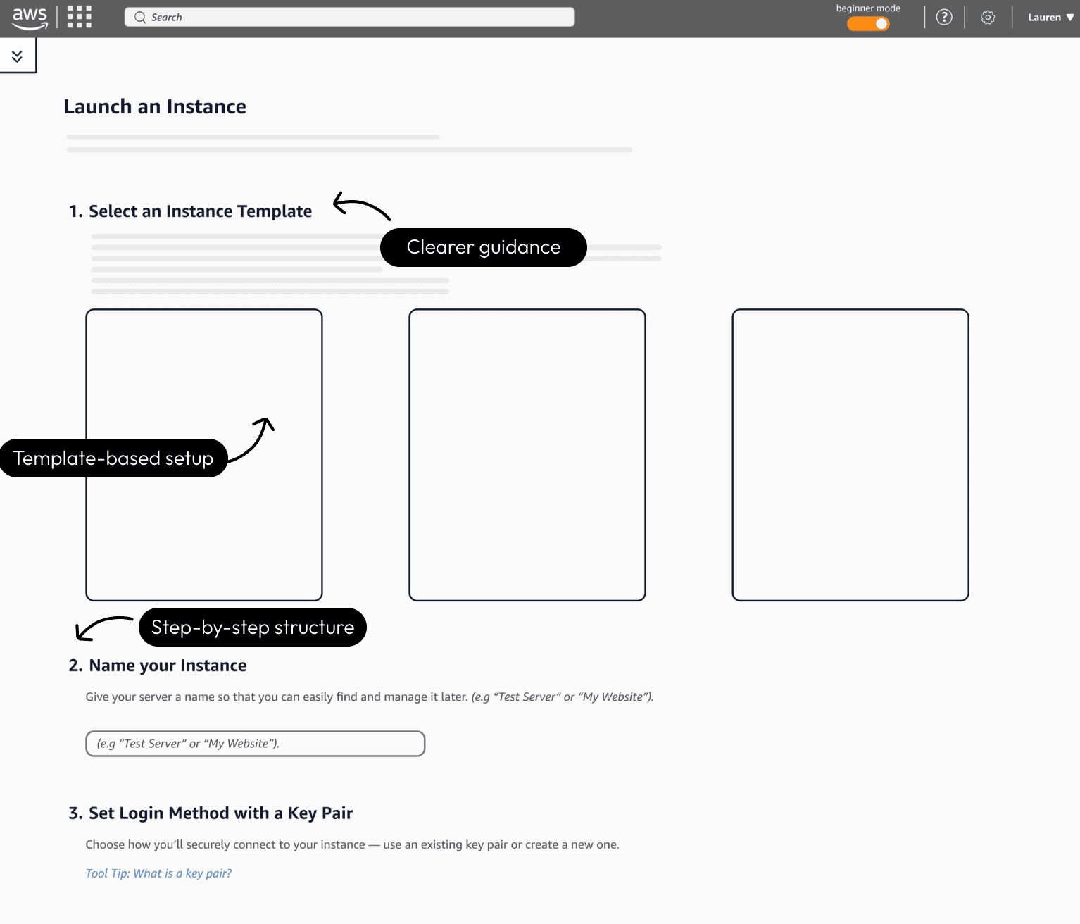 Annotated AWS Launch Instance flow wireframe exploration