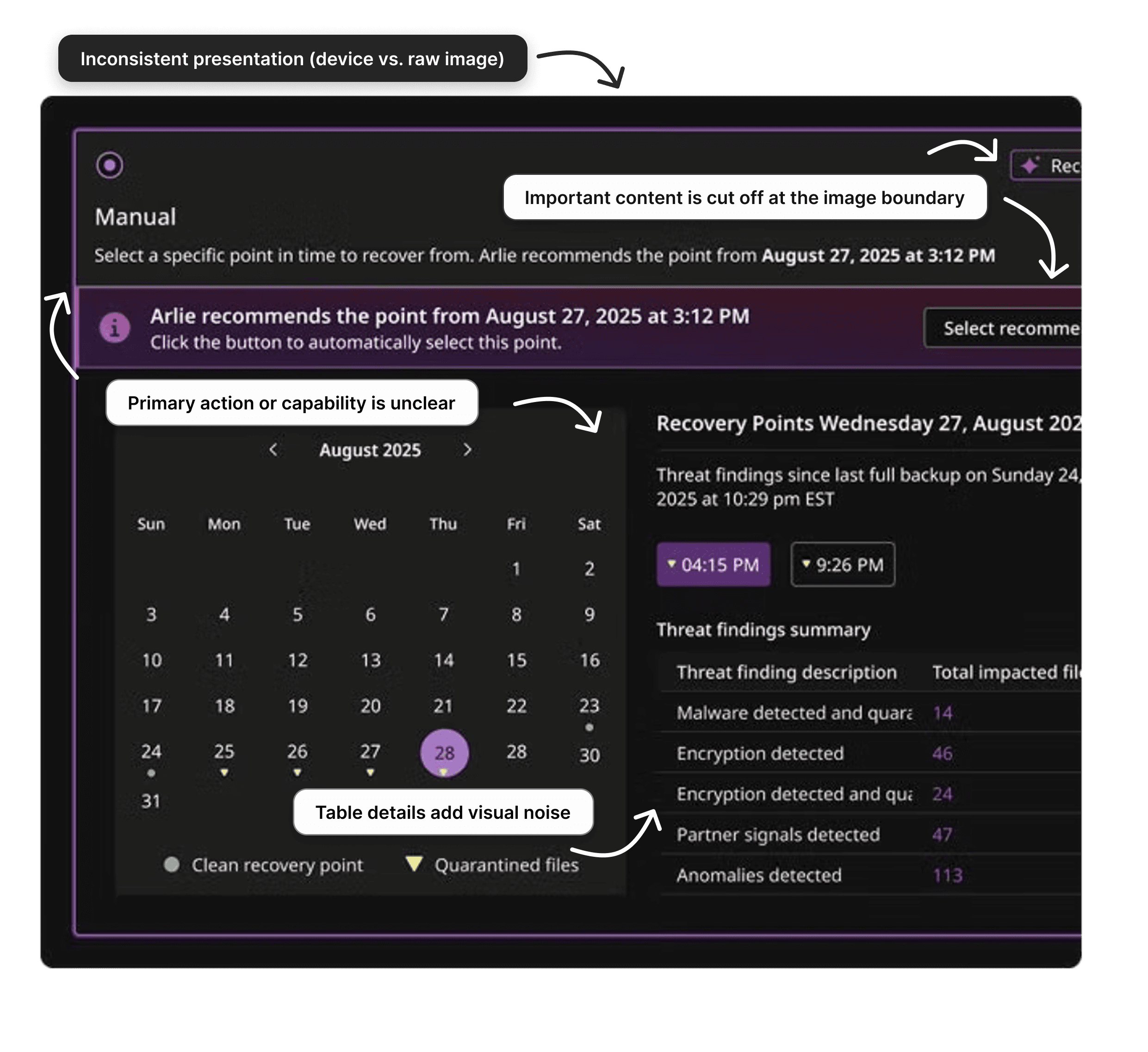 Dark mode Commvault product screenshot annotated with issues around inconsistent presentation, cut-off content, unclear primary action, and noisy table details.