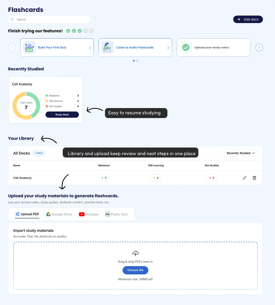 Learvo interim home state after progress with resume and library annotations