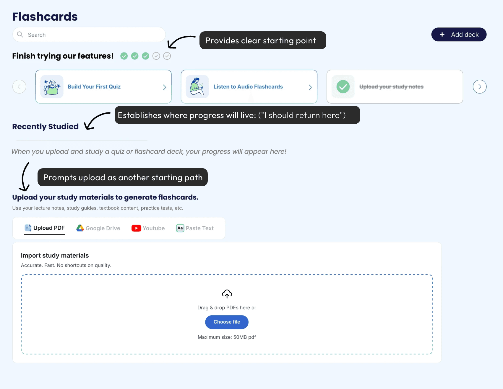 Learvo interim home state for new users with starting point annotations
