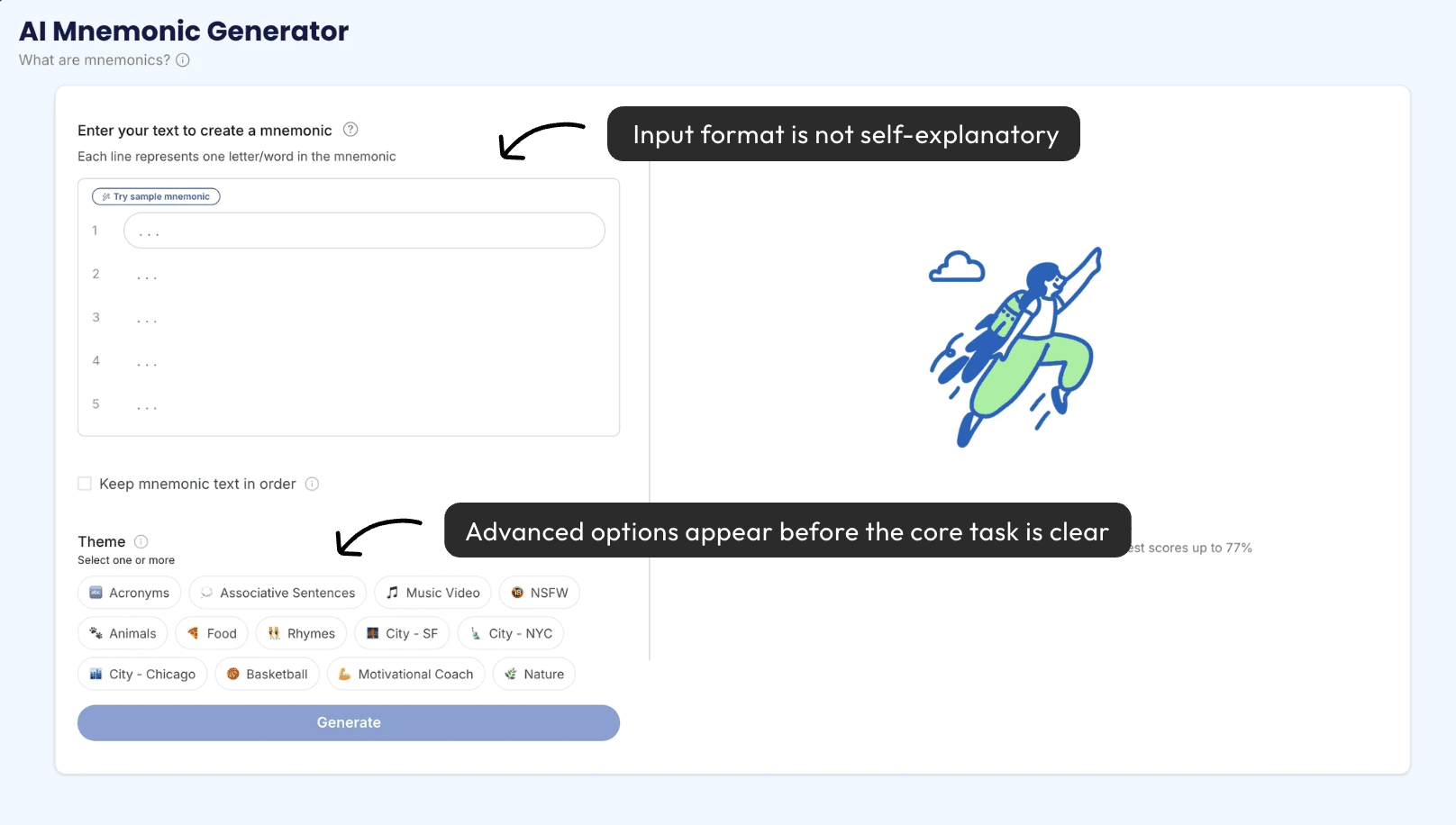 Learvo Mnemonic Generator screen with guidance issues annotated