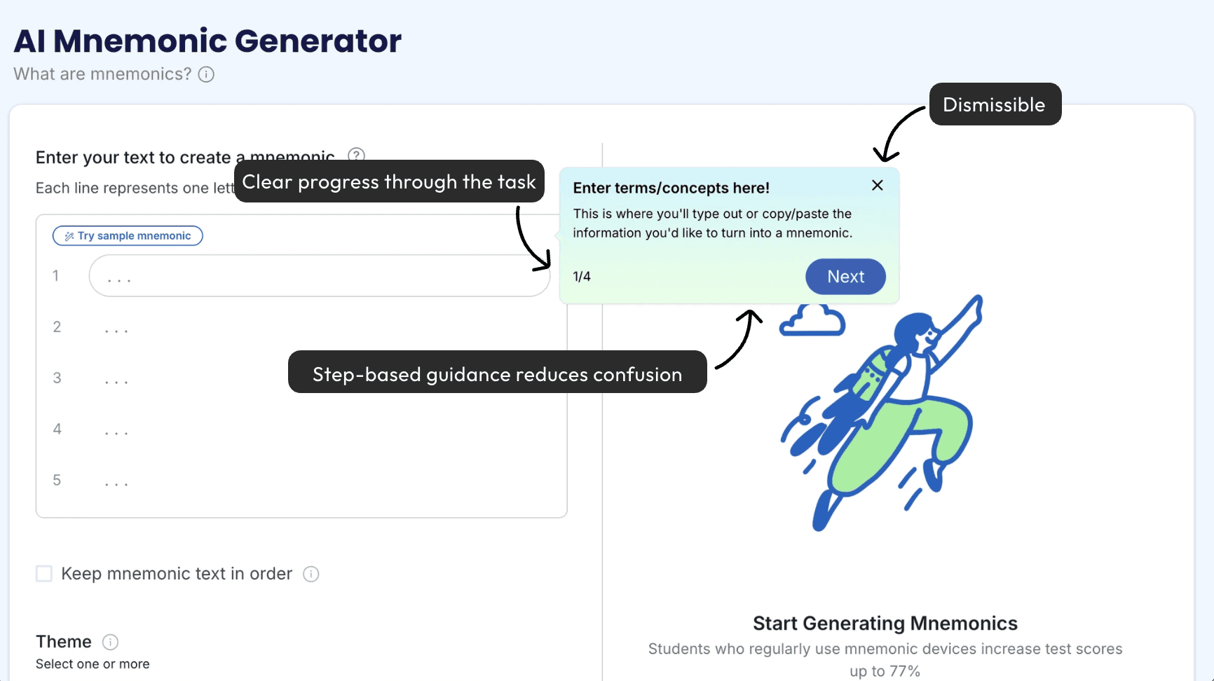 Learvo step-based in-feature tutorial with guidance annotations