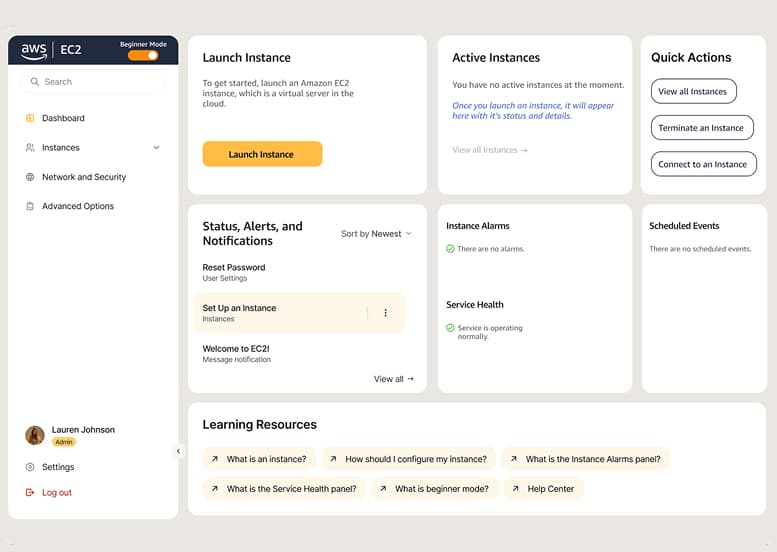 AWS Beginner Mode dashboard concept