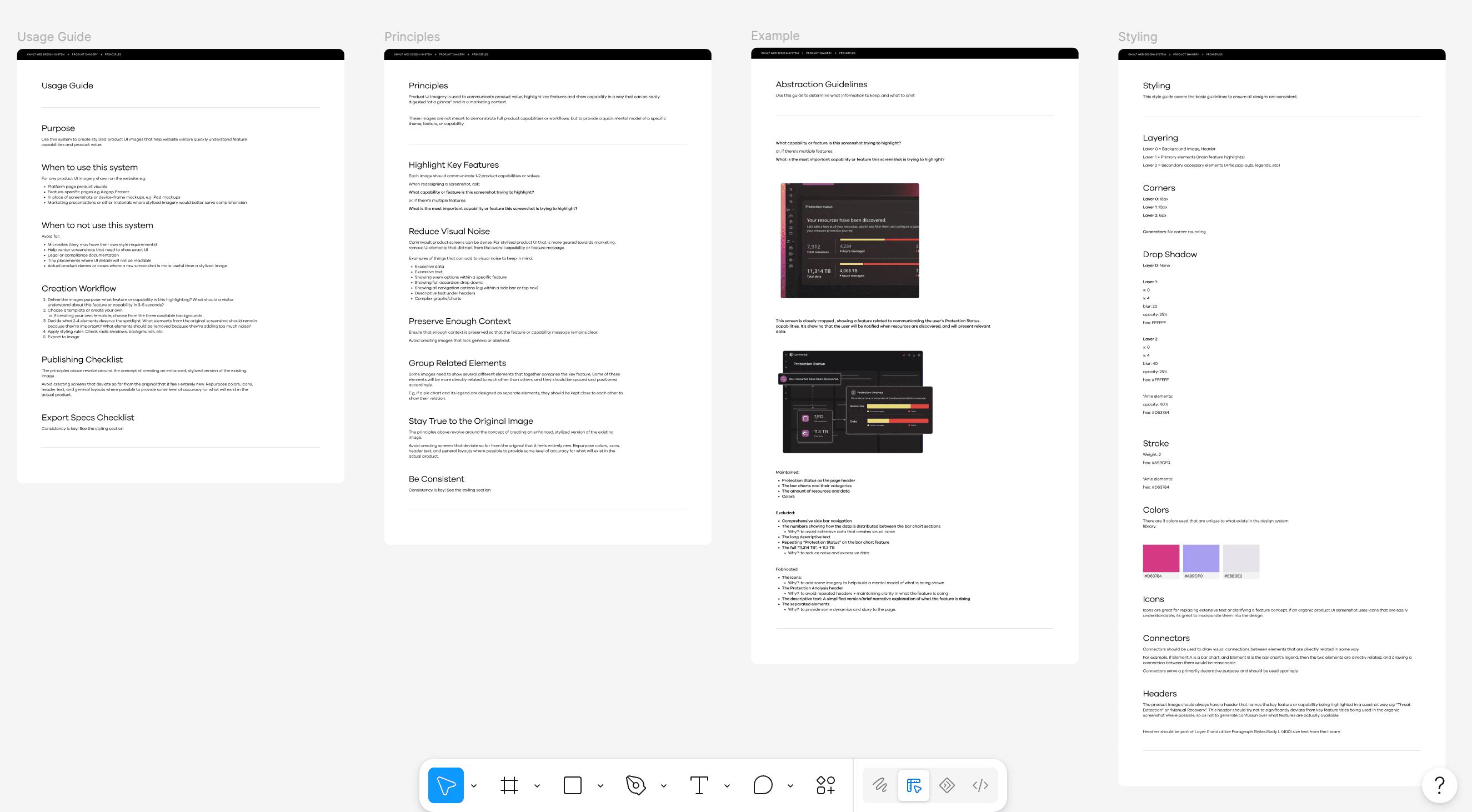 Commvault product UI abstraction framework guide showing usage guidance, principles, examples, and styling documentation.