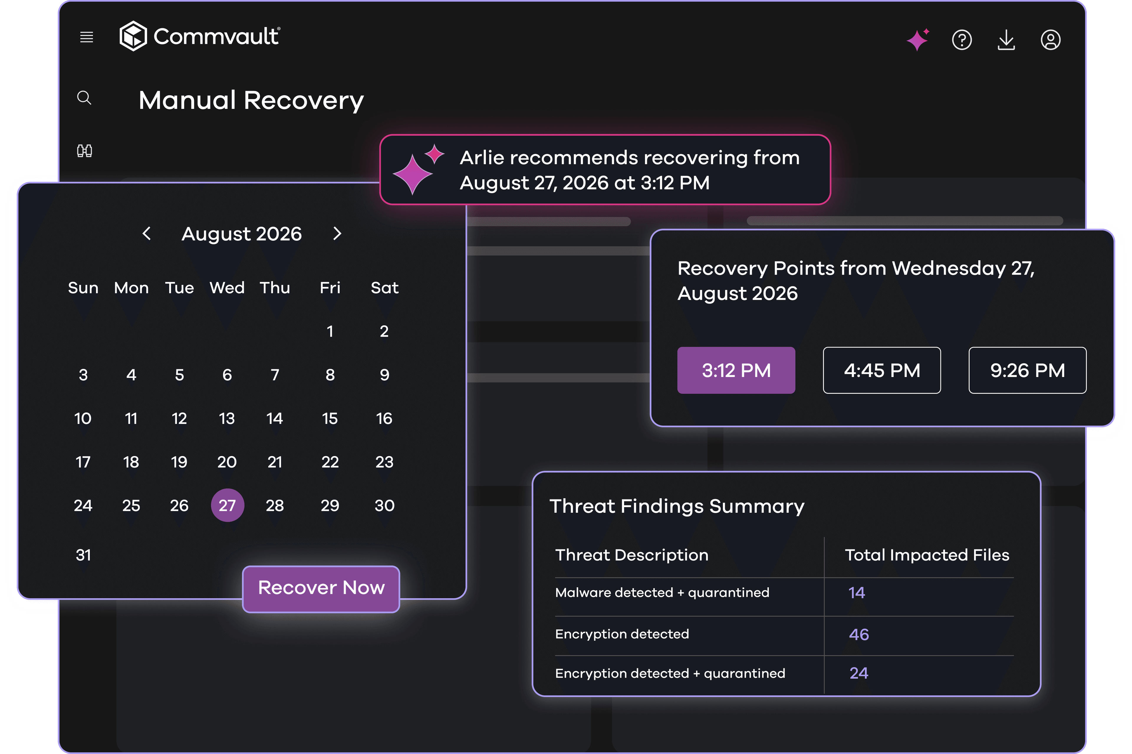 Stylized Commvault manual recovery visual emphasizing the recommended recovery point, available recovery times, and threat findings summary.