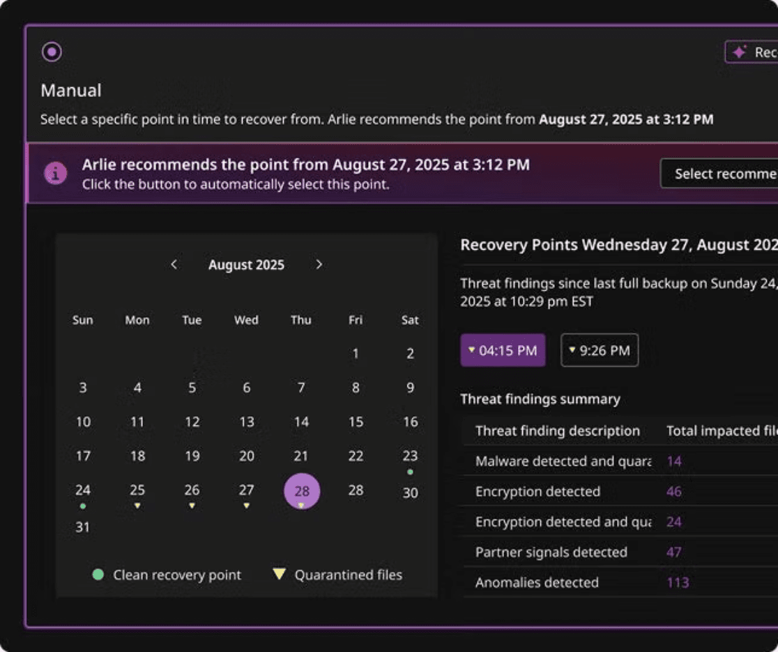 Previous Commvault manual recovery screenshot showing a recovery point workflow with calendar, recommendation banner, and threat findings table.